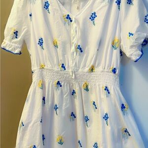 White Dress with Blue and Yellow Floral Embroidery